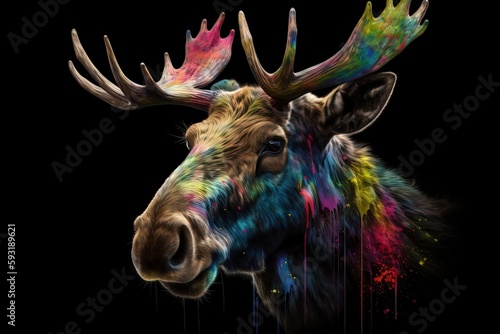  a moose with a lot of colors on it's face. generative ai