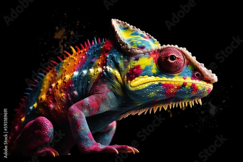  a brightly colored chamelon is sitting on a black background. generative ai