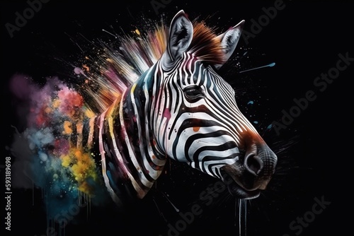  a zebra with colorful paint splatters on it's face.  generative ai © Nadia