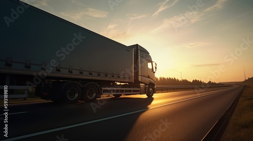 Truck driving on a road in the morning, generative ai
