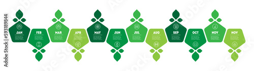Agricultural production calendar. Development of the business. Eco Business concept with options, steps or processes. Gardener's calendar for twelve months. Timeline or infographics with 12 parts.