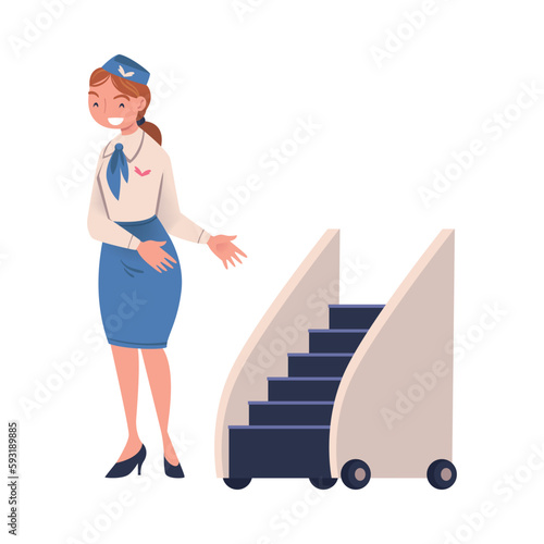 Stewardesses standing near plane meeting passengers on gangway cartoon vector illustration