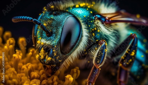 An Close-up of a honey bee collecting pollen from a flower. Based on Generative Ai. © Dind's_Project