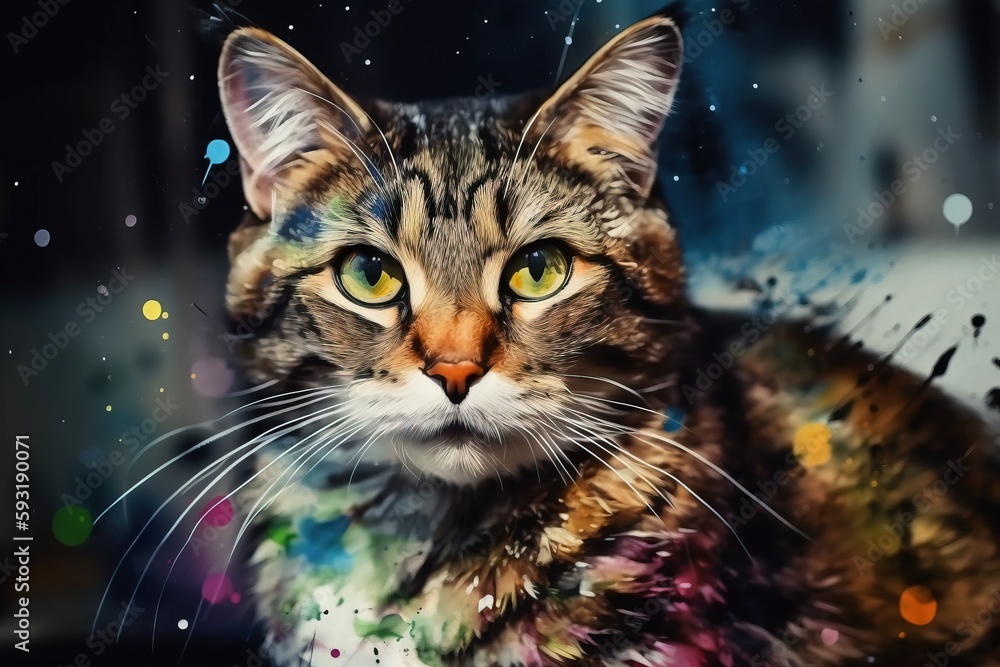 a painting of a cat with yellow eyes and multicolored fur. generative ai a painting of a cat with yellow eyes and multicolored fur. generative ai