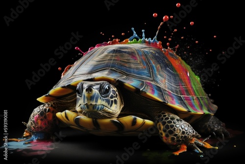  a turtle with a lot of paint on it s back.  generative ai