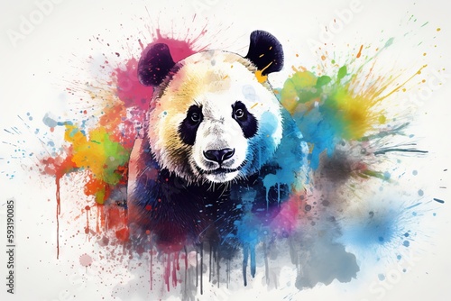  a panda bear with colorful paint splatters on it's face. generative ai