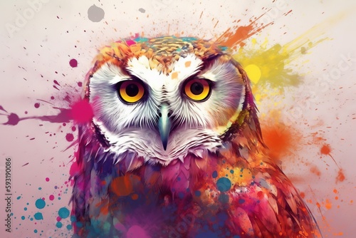  a colorful owl with yellow eyes and orange eyes on a pink background.  generative ai © Nadia