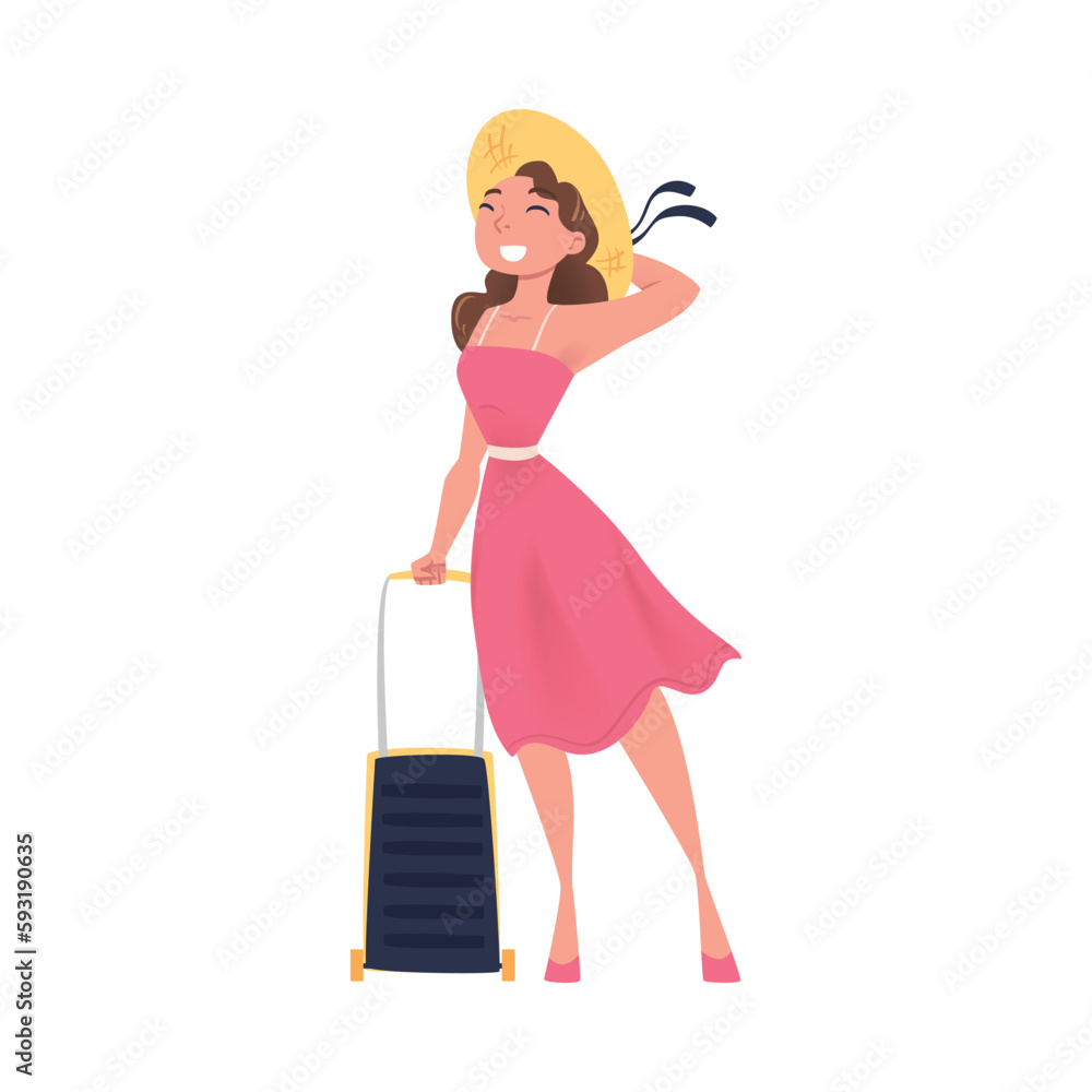 Beautiful girl in straw hat and summer dress going on summer vacation cartoon vector illustration Beautiful girl in straw hat and summer dress going on summer vacation cartoon vector illustration