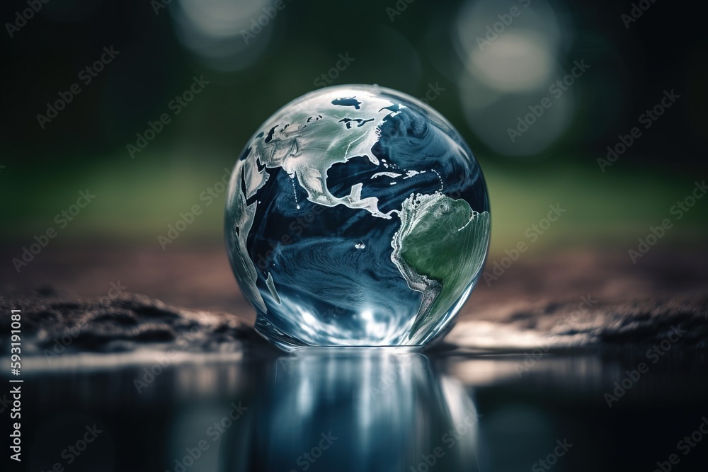  a glass globe sitting on top of a wet ground next to a puddle of water.  generative ai