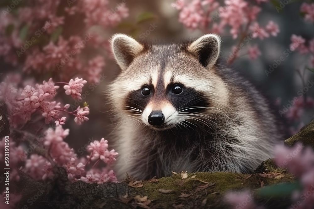  a raccoon is standing in a tree with pink flowers.  generative ai