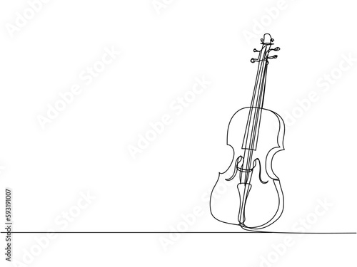Violin one line art. Continuous line drawing of musical, melody, violin, vintage, music, retro, symphonic, orchestra, playing, instrument, fiddle, viola, symphony, cello, musician, string.