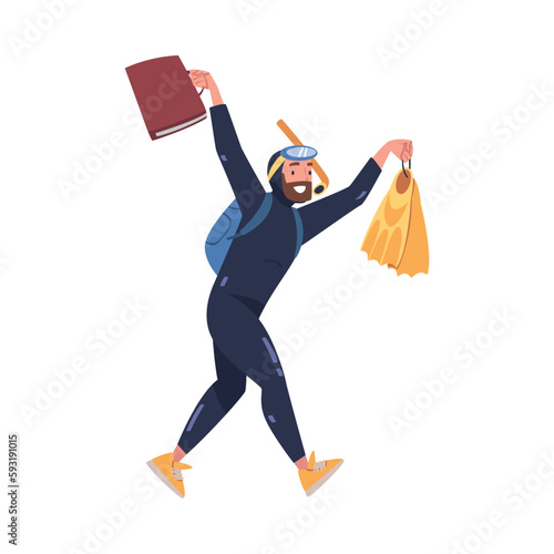 Happy man in diving suit running with suitcase. Tourist going on summer vacation trip cartoon vector illustration