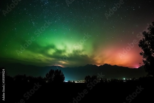  a green and red aurora bore is seen in the sky.  generative ai © Nadia
