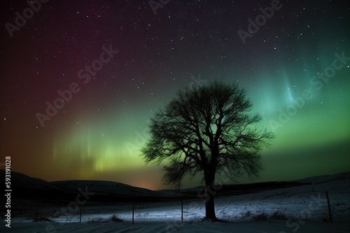  a tree in a field with the aurora in the background. generative ai