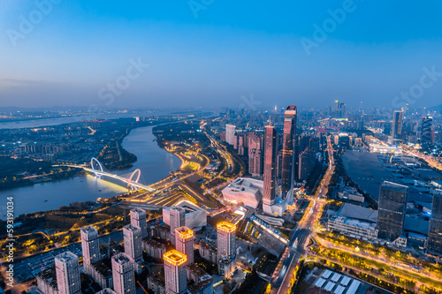 Aerial night view of Nanjing Hexi Youth Olympic Center in Nanjing  Jiangsu  China