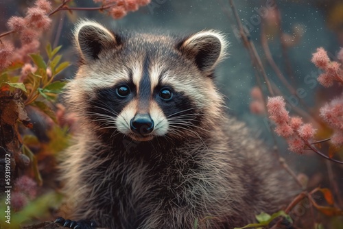 a raccoon is sitting in a field of flowers.  generative ai