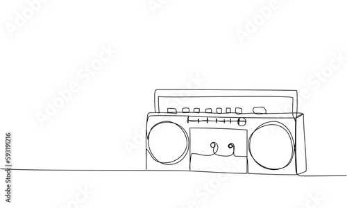 Record player, tape recorder one line art. Continuous line drawing of tape, retro, cassette, vintage, hipster, music, compact, radio, audio, player, stereo, sound, boombox, 80s, disco, 90s