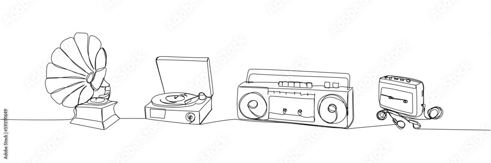 Record Player set, Turntable, Gramophone, tape recorder one line art ...