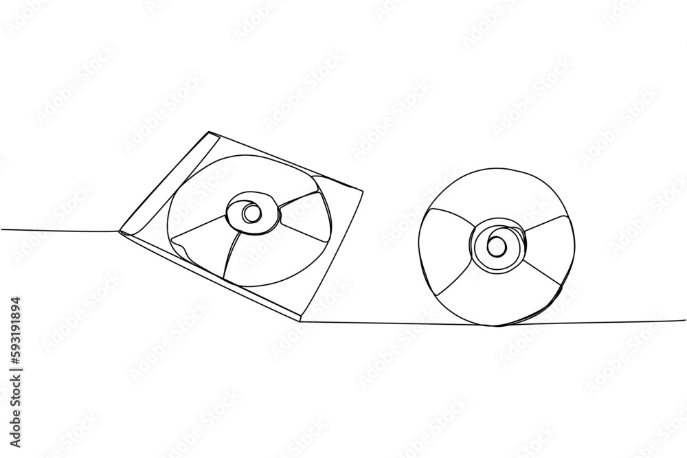 CD disk, Compact disc set one line art. Continuous line drawing of