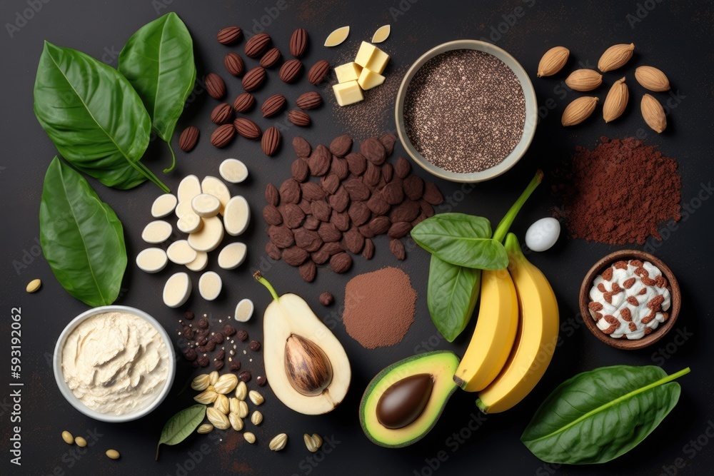 Concept of healthy food nutrition in dieting. many sources that are high in magnesium. Avocado, buckwheat, sesame, chia, flax, yogurt, nuts, spinach chard, banana, chocolate, beans, and oats. Copy bac