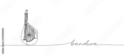Bandura one line art. Continuous line drawing of music, instrument, folk, musical, ukrainian, culture, acoustic, ethnic, lute, kobza, traditional, string with an inscription, lettering, handwritten.