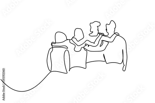 happy young group of friends people selling together back rear behind view line art