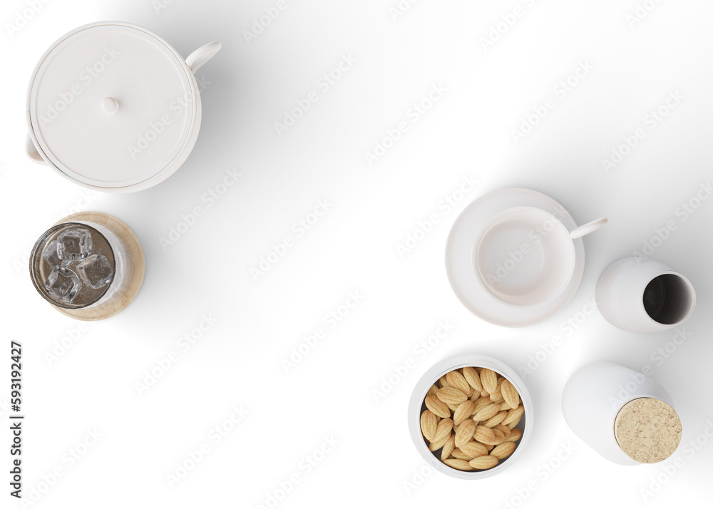 Fototapeta premium Tablecloth presentation mock up png. Table top view with dishes. Transparent background, easy to paste your texture. Copy space for pattern, print. Table cover mockup, show, display. Napery, felt. 3D.