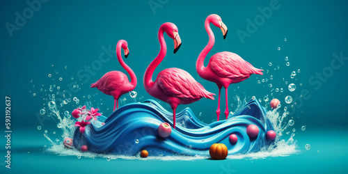 three dimensional pink flamingo swimming in a wave with other decorations swimming on a blue background