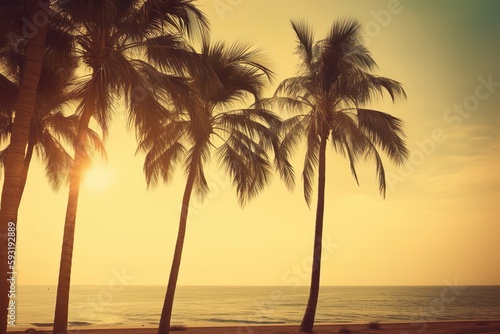 Three palm trees at sunset/ sunrise. Generative AI