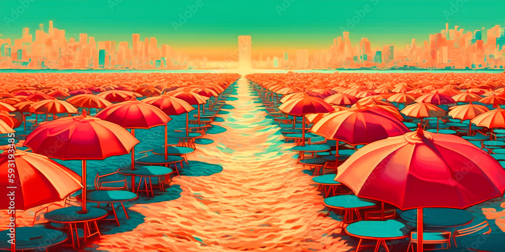 beach umbrellas on an orange water background