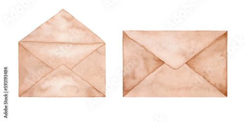 Watercolor illustration, coffee painting technique, of a set of two isolated brown envelopes, open and closed. Drawn by hand. For correspondence, holiday and design.