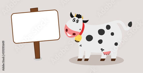 Smiling dairy cow with her bell and with billboard on colored background - vector