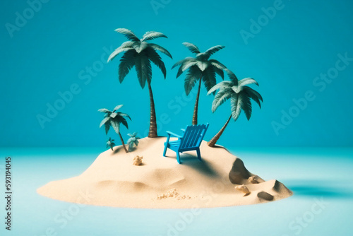 an island with sand, palm trees and a chair on it with blue sky