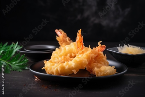  a black plate topped with shrimp and rice next to a bowl of sauce. generative ai