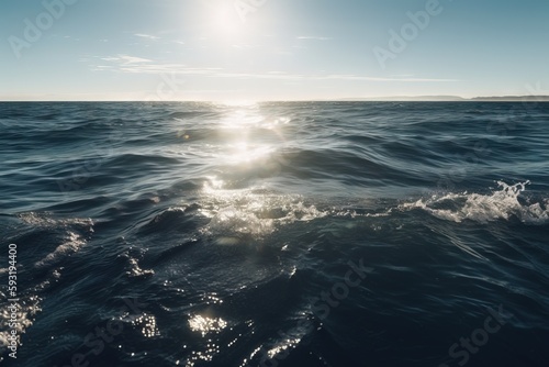  the sun shines brightly over the ocean water as it reflects the horizon. generative ai