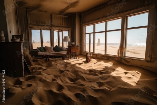View of room inside house with beach sand and sunny