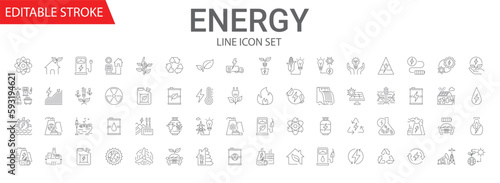 Energy related vector linear icon set. Energy industry. Electricity manufacturing technologies and modern facilities. Vector outline illustration Isolated on white background. Editable stroke