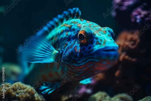 Beautiful fish swims in sea water, aquarium. Generative AI.