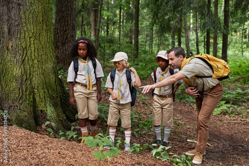 Full length view at diverse group of scouts exploring nature during field trip in forest