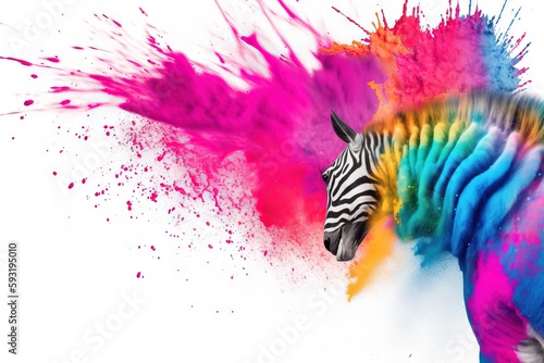  a zebra with a multicolored body and head is in front of a white background. generative ai