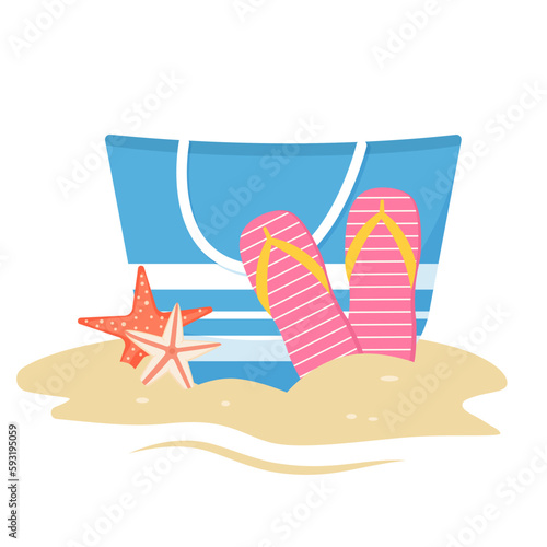 Beach blue bag with flip-flops and shellfish starfish in sand. Front view of summer items. Summer accessories for beach and sea. Flat vector illustration isolated on white background