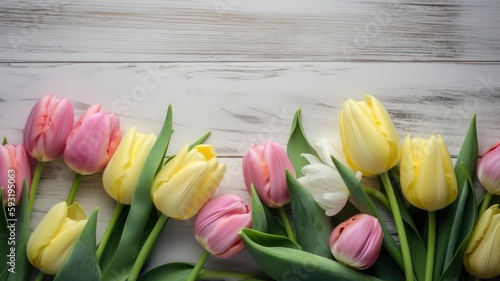 Pink and yellow tulips flowers Border surrounding on a light green Wooden Tabletop  Highlighting the Soft and Selective Elements of Flower Border Art. Generative ai