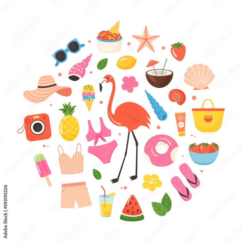 Summer round colored big set in flat style. Design elements of beach vacation and travel. Summertime accessories Isolated vector illustration