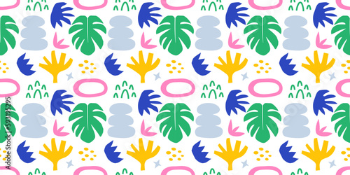 Colored childish Summer tropical seamless pattern. Abstract shapes leaves, plants and doodles. Funny random forms background in cutout style. Flat graphic texture design vector illustration