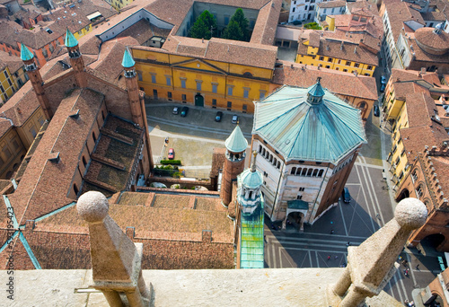 Cremona. Veduta dal Torrazzo di Piazza Duomo con il Battistero di San Giovanni. photo