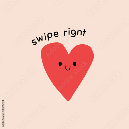 Virtual love card with red heart. Text swipe right. Funny romantic card in vector. On line dating symbol, relationships in internet space illustration. Dating application, trendy love phrase.