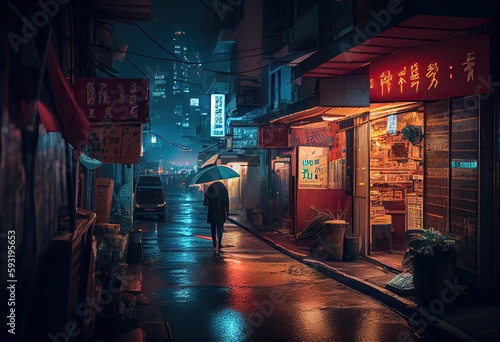 City in virtual reality, cyberpunk city street in neon lights