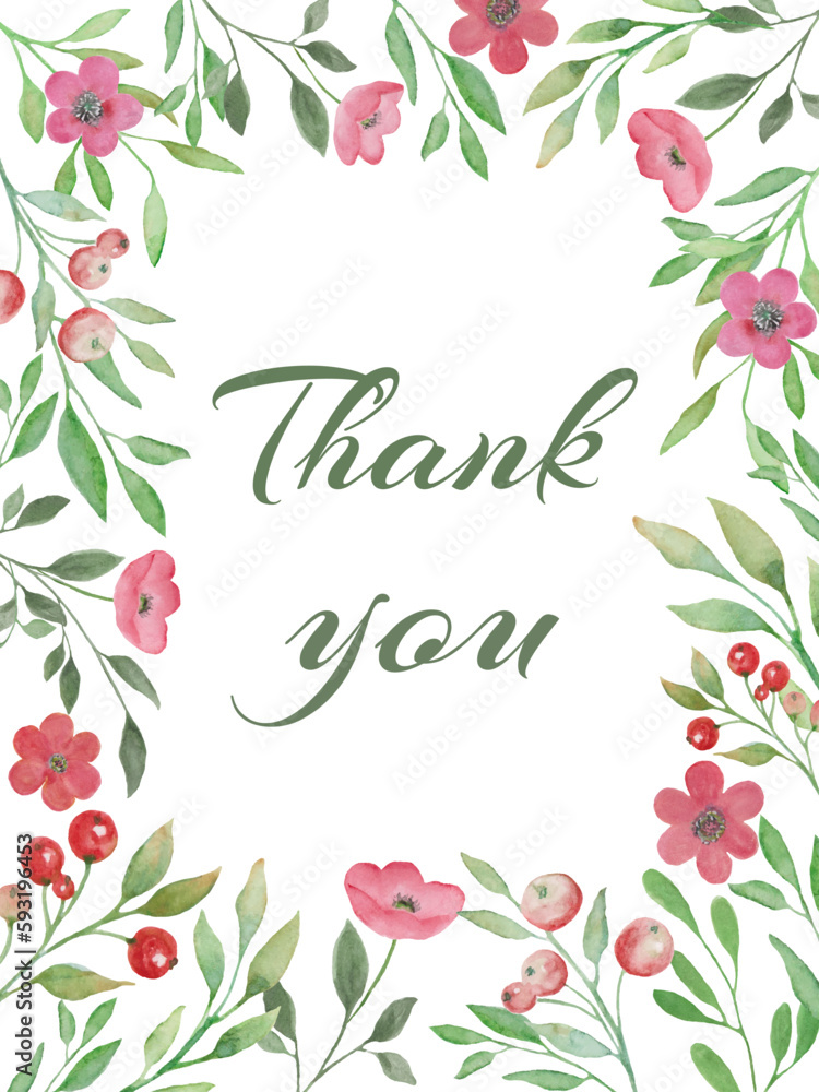 Watercolor floral thank you card. Hand drawn illustration isolated on white background. Vector EPS.