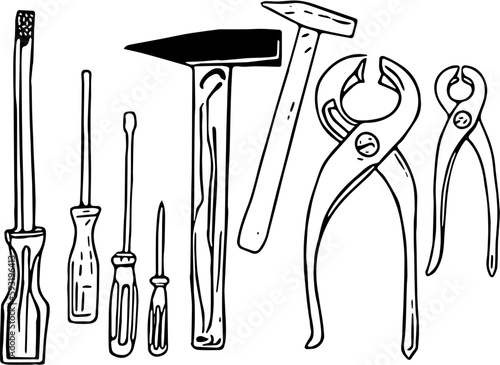 Werkzeuge für das Handwerk. Ein Set mit Schraubenzieher, Zangen und Hammer. Gezeichnete Outlines als Vektor vor transparentem Hintergrund. 