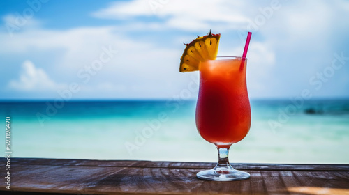 Superman cocktail on background with blue sea and sky tropical background. Generative AI